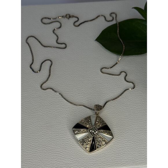 Ancient Symbol Eye of Horus Abalone Shell Inlay .925  925 Sterling Silver Onyx & Abalone & Marcasite Necklace Length 25 inch